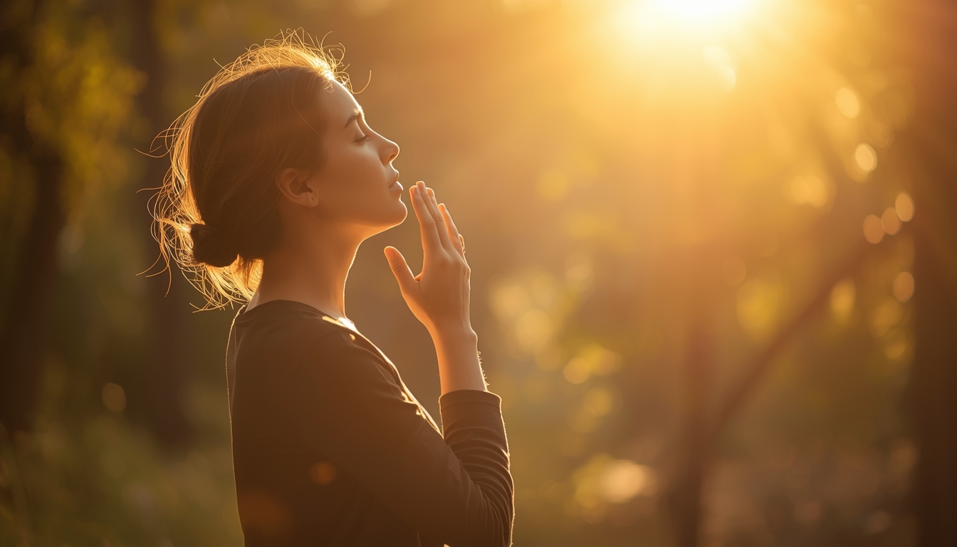 Person practising mindful breathing in morning light