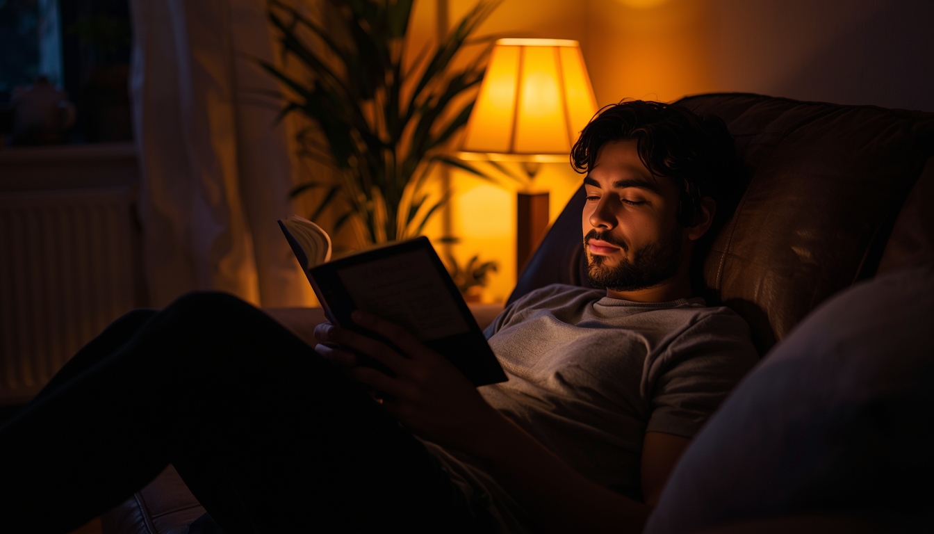 Person reading peacefully in warm evening light at home